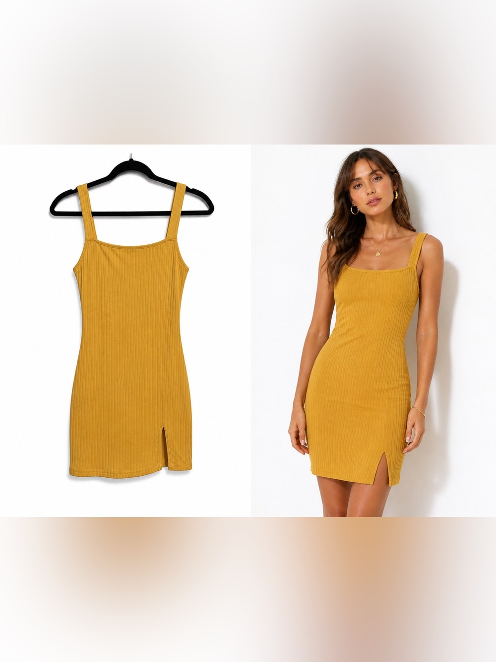 SHEIN Mustard Ribbed Square Neck Mini Dress with Side Slit